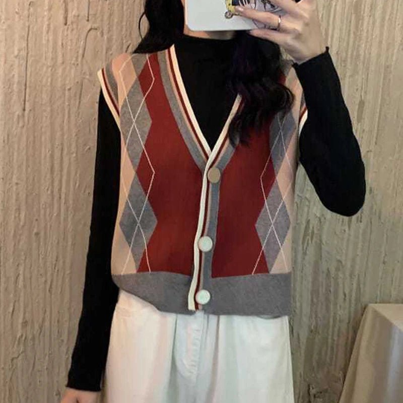 Women Clothing Vintage Argyle Knitted Sweater Vest Y2K Casual V Neck Loose All Match Waistcoat Simple Sleeveless Button Cardigan - 𝐝𝐮𝐯𝐥𝐚𝐬𝐡𝐨𝐩.𝐜𝐨𝐦