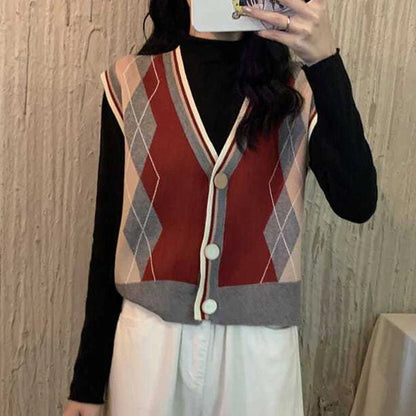 Women Clothing Vintage Argyle Knitted Sweater Vest Y2K Casual V Neck Loose All Match Waistcoat Simple Sleeveless Button Cardigan - 𝐝𝐮𝐯𝐥𝐚𝐬𝐡𝐨𝐩.𝐜𝐨𝐦