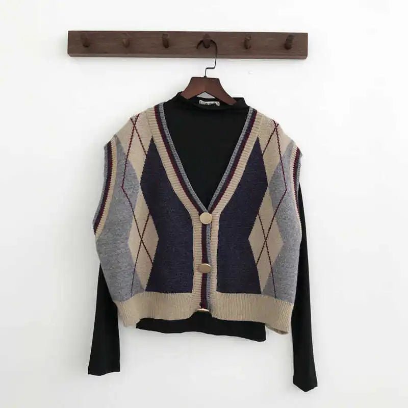 Women Clothing Vintage Argyle Knitted Sweater Vest Y2K Casual V Neck Loose All Match Waistcoat Simple Sleeveless Button Cardigan - 𝐝𝐮𝐯𝐥𝐚𝐬𝐡𝐨𝐩.𝐜𝐨𝐦