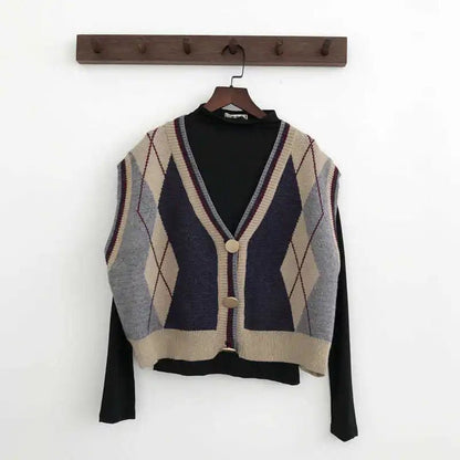 Women Clothing Vintage Argyle Knitted Sweater Vest Y2K Casual V Neck Loose All Match Waistcoat Simple Sleeveless Button Cardigan - 𝐝𝐮𝐯𝐥𝐚𝐬𝐡𝐨𝐩.𝐜𝐨𝐦