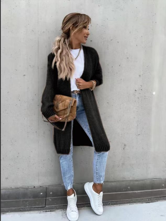 Women Gilet cardigan mi - long en maille ample, couleur unie, manches longues, style automne/hiver - 𝐃𝐔𝐕𝐋𝐀𝐒𝐇𝐎𝐏