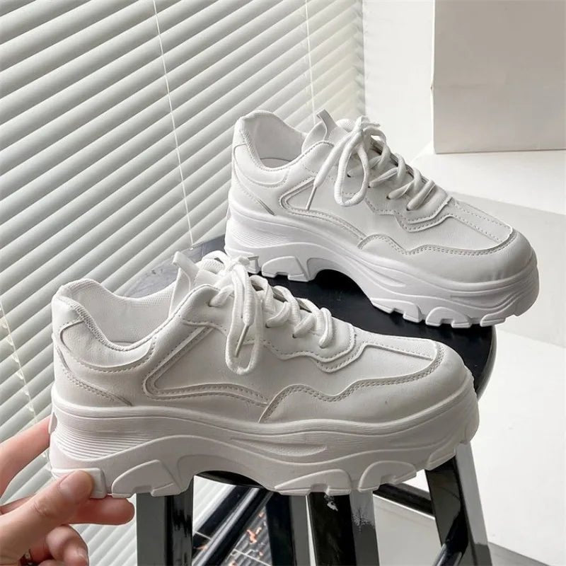 Women Leather Flat Shoes Autumn Fashion Lace Up Casual Fashion Thick Soled Breathable Inner Heightening Round Toe White Sneakers - 𝐃𝐔𝐕𝐋𝐀𝐒𝐇𝐎𝐏