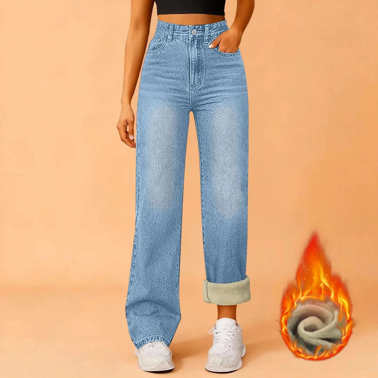 Women Winter Thciken Fleece Warm Denim Jeans Ladies High Street Straight Pants - 𝐃𝐔𝐕𝐋𝐀𝐒𝐇𝐎𝐏