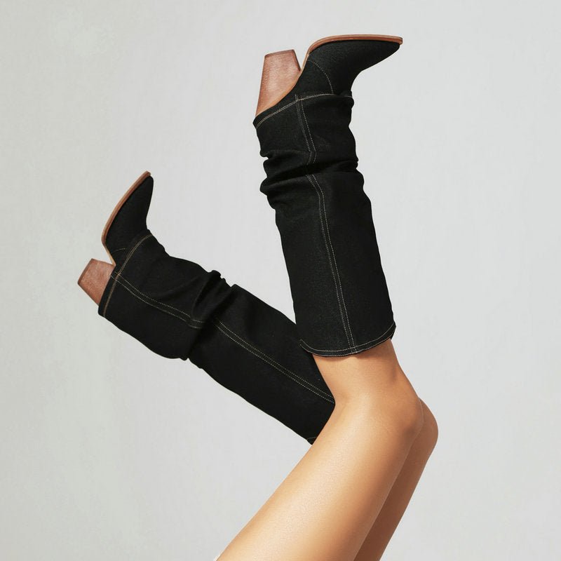 Women's autumn winter retro western cowboy pointed boots thick heel high knight boots - 𝐝𝐮𝐯𝐥𝐚𝐬𝐡𝐨𝐩.𝐜𝐨𝐦
