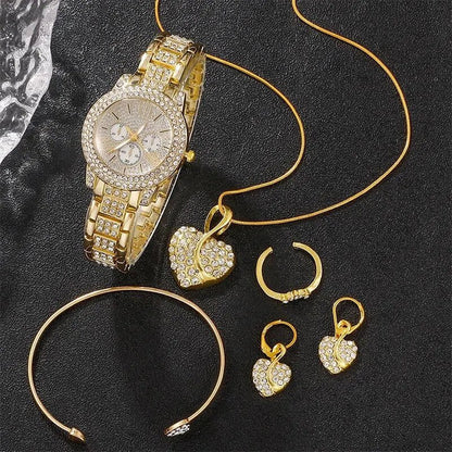 Women's Quartz Watch Gold Luxury Women Ring Necklace Earring Rhinestone Fashion Wristwatch Casual Ladies Watches Jewelry Set - 𝐝𝐮𝐯𝐥𝐚𝐬𝐡𝐨𝐩.𝐜𝐨𝐦