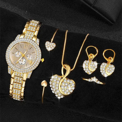 Women's Quartz Watch Gold Luxury Women Ring Necklace Earring Rhinestone Fashion Wristwatch Casual Ladies Watches Jewelry Set - 𝐝𝐮𝐯𝐥𝐚𝐬𝐡𝐨𝐩.𝐜𝐨𝐦