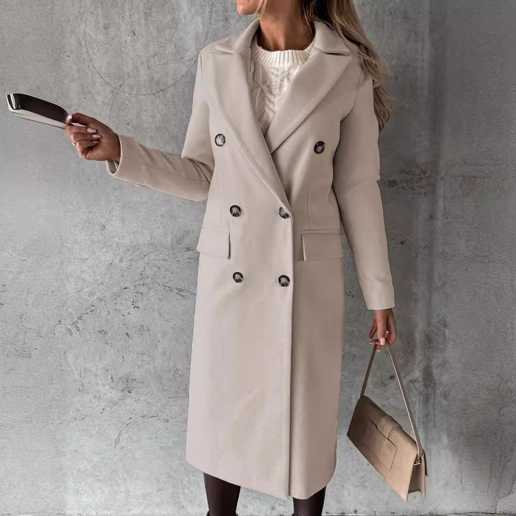 Women's Spring Fashion Wool CoatSolid Color Long Sleeve Double - Breasted Patch Pocket Versatile Outerwear - 𝐃𝐔𝐕𝐋𝐀𝐒𝐇𝐎𝐏
