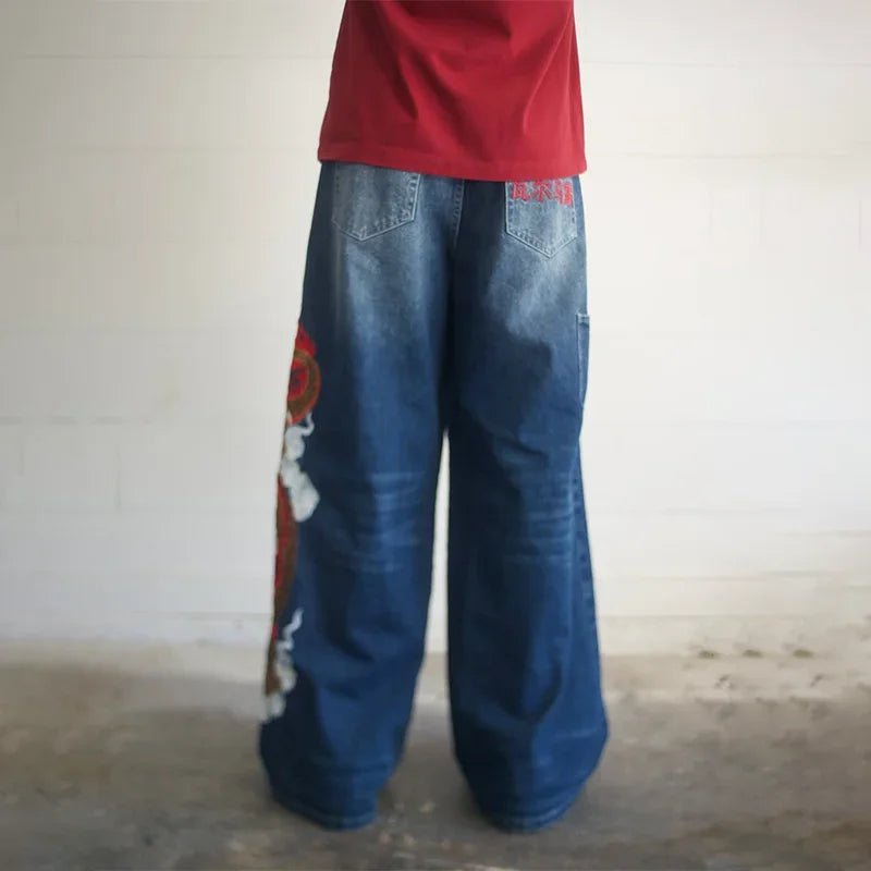 Y2K Vintage Light Blue Black Washed Jeans Tape Design Graffiti Letter Loose Fit Distressed Denim Streetwear Hip Hop Rock Unisex - 𝐝𝐮𝐯𝐥𝐚𝐬𝐡𝐨𝐩.𝐜𝐨𝐦