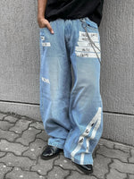 Y2K Vintage Light Blue Black Washed Jeans Tape Design Graffiti Letter Loose Fit Distressed Denim Streetwear Hip Hop Rock Unisex - 𝐝𝐮𝐯𝐥𝐚𝐬𝐡𝐨𝐩.𝐜𝐨𝐦