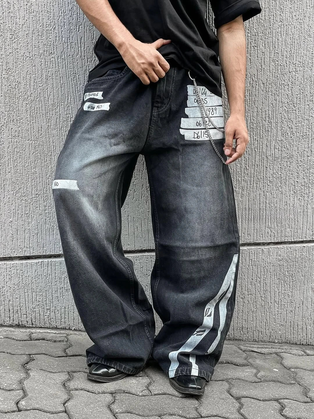 Y2K Vintage Light Blue Black Washed Jeans Tape Design Graffiti Letter Loose Fit Distressed Denim Streetwear Hip Hop Rock Unisex - 𝐝𝐮𝐯𝐥𝐚𝐬𝐡𝐨𝐩.𝐜𝐨𝐦